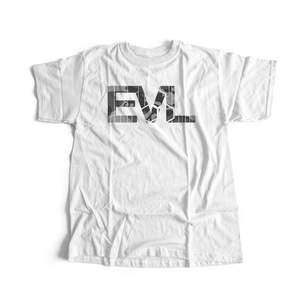 White EVL T-Shirt with Gray Camo EVL Logo