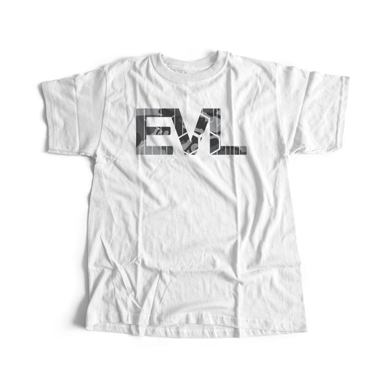 White EVL T-Shirt with Gray Camo EVL Logo